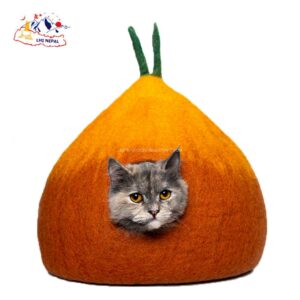 Leaf design multi color felt cat cave with cat Leaf design multi color felt cat cave with cat