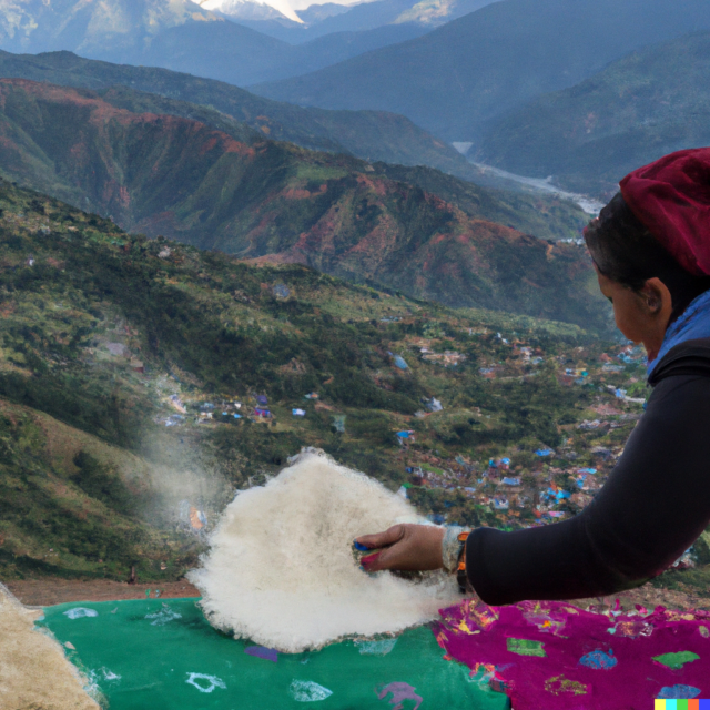 DALL·E 2023 07 01 01.48.37 a women cleaning felt product with good landscape in background of Nepal