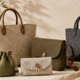 Minimalist arrangement of handmade wool felt bags and purses in neutral tones, including tote bags, a crossbody bag, a drawstring pouch, and a clutch, displayed on a beige background with soft natural lighting.